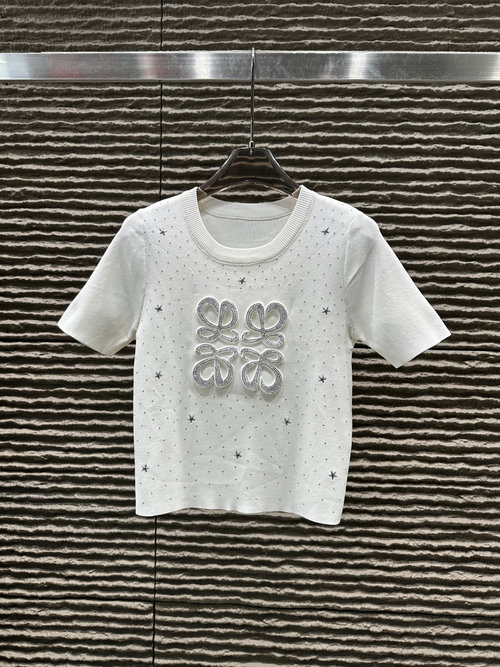 Loewe Loew Heavy-Duty Rhinestone 3D Steel-Printed Knitted Short-Sleeved Top