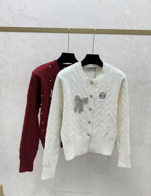 Loewe White and Red Contrast Bow - Bead Round Neck Knit Long Sleeve Cardigan