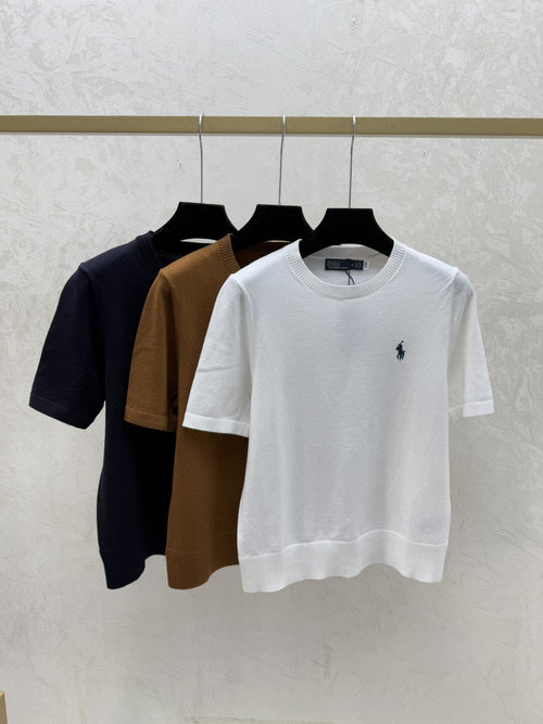 Polo Ralph Lauren White, Coffee & Black Simple Round Neck Knit Short Sleeve Top