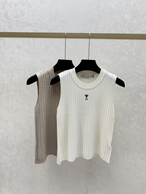 Dior White and Khaki Solid Color Round-Neck Knit Vest