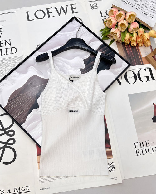 Miu Miu Lace Trimmed Logo Slingback Vest in Retro Elegance