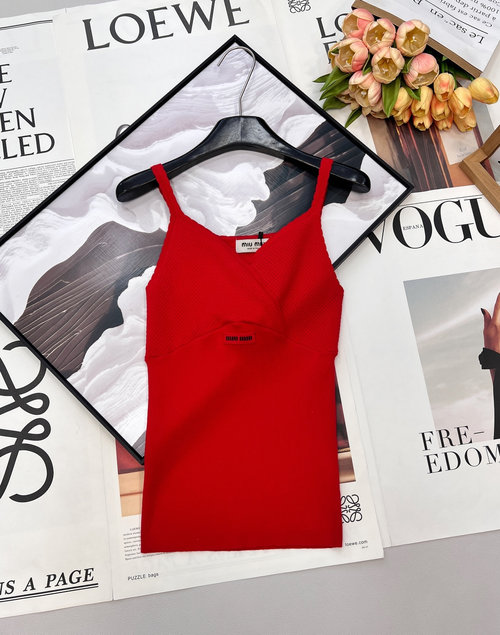 Miu Miu Lace Trimmed Logo Slingback Vest in Retro Elegance