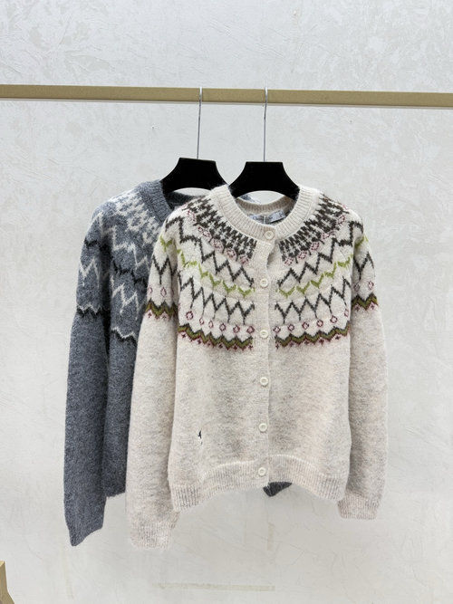 Dior Khaki and Gray Color-Blocked Plaid Knit Cardigan