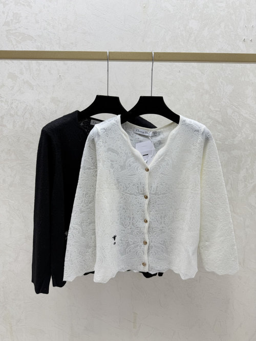 Dior White and Black Solid V-Neck Knit Cardigan