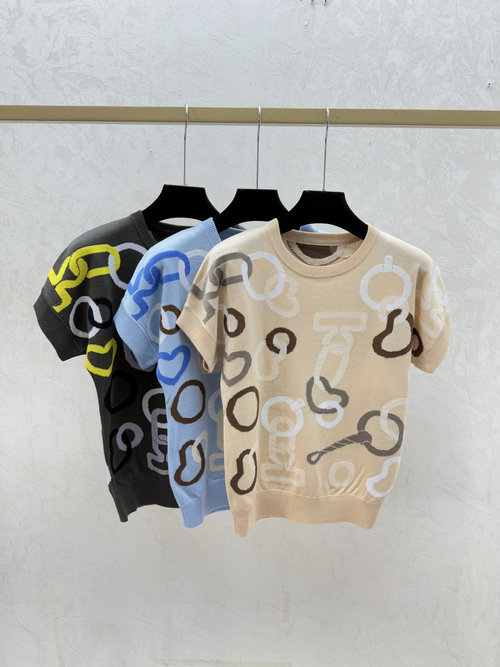 Hermes Color-Blocked Round-Neck Knit Short-Sleeve in Khaki and Blue