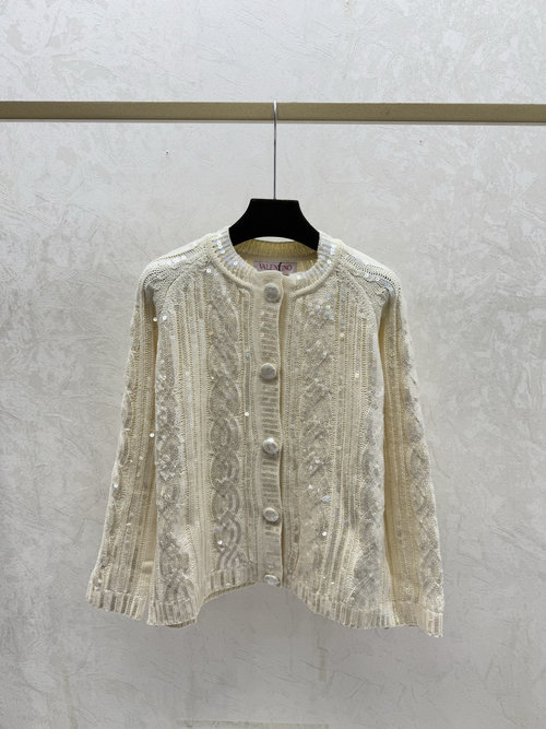 Valentino Solid Beaded Round-Neck Knit Long-Sleeved Cardigan in Apricot