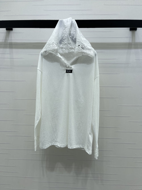Miu Miu Lace V-neck Hooded Long-sleeved Top with Embroidered Logo