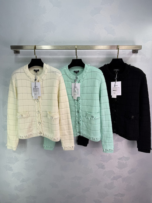 Chanel Round Neck Fringe and Grid Pattern Knitted Cardigan