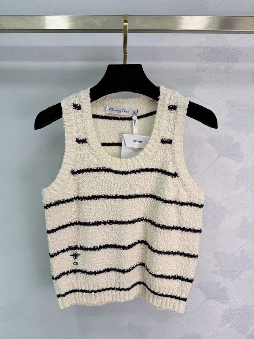 Dior Round Neck Striped Knit Vest with Bee Embroidery