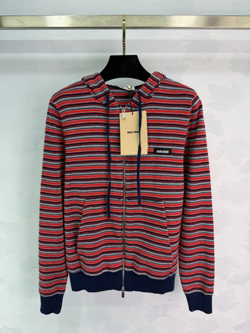 Miu Miu Striped Hooded Sweatshirt with Brand Logo