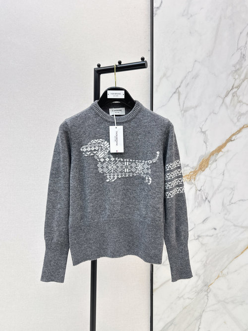 Thom Browne Long Sleeve Wool Sweater with Dachshund Motif, Festive