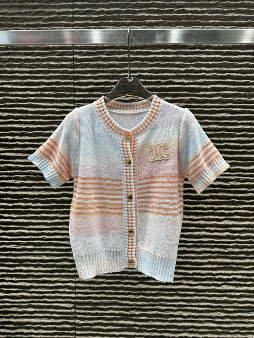 Celine Celin Gradient Pink Striped Sequined Cardigan