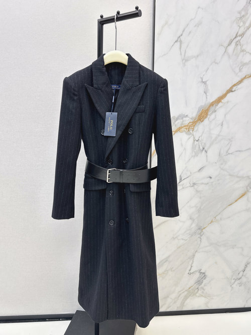 Polo Ralph Lauren Black Stripe Long Wool Blend Classic Suit Coat