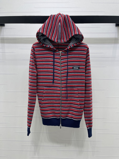 Miu Miu Retro Hooded Striped Zip Knit Cardigan with Logo
