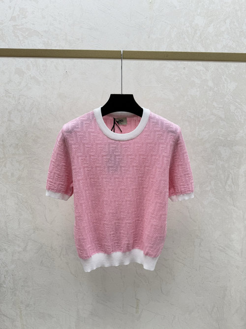 Fendi Pink Round Neck Knitted Short Sleeve Top with Contrast Letters