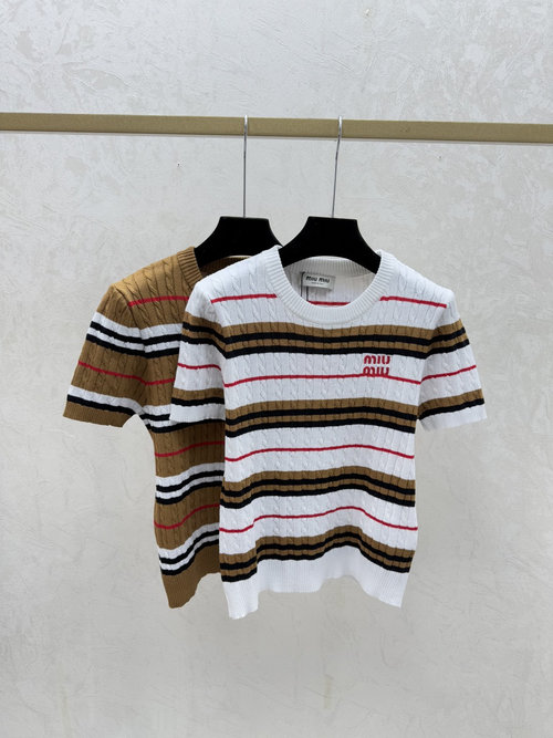 Miu Miu White and Khaki Round Neck Knitted Short Sleeve Top with Stripes