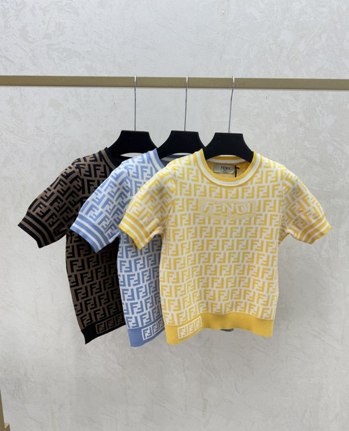 Fendi Color - Blocked Vintage Letter Round Neck Knit Short Sleeve in Yellow, Blue & Coffee