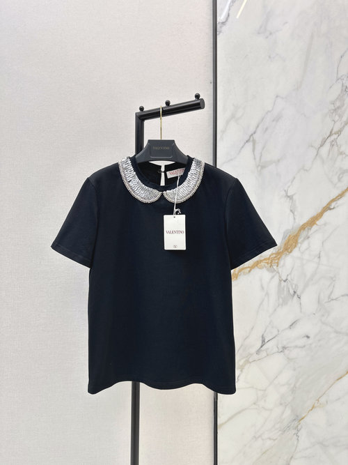 Valentino Heavy-embroidery Sequin Doll-collar Soft T-shirt