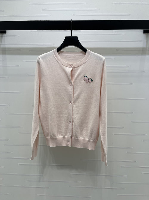 Gucci Cream Knit Open Cardigan with Pony Embroidery, Soft and Versatile