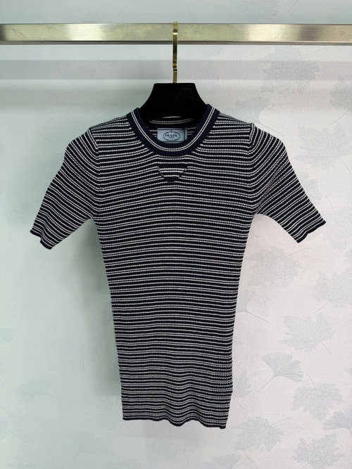 Prada Elegant Striped Knit Short Sleeve with Chest Imprint