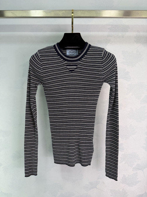 Prada Sophisticated Striped Knit Long Sleeve with Chest Imprint