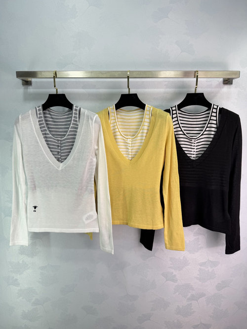 Dior V-Neck Striped Knit Blouse, Lightweight
