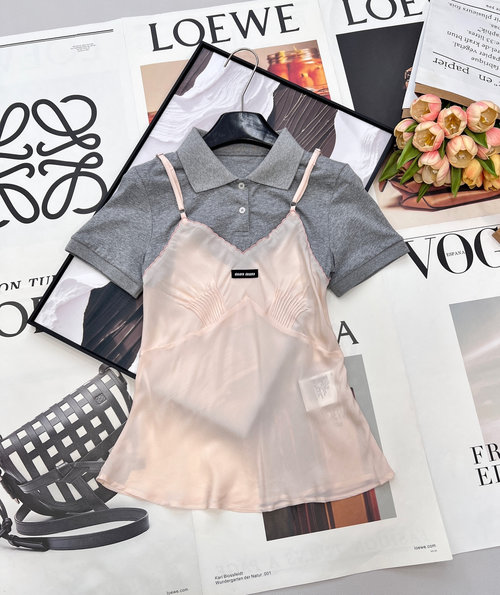 Miu Miu Polo Collar Spliced Silk Sling Top, Relaxed Look