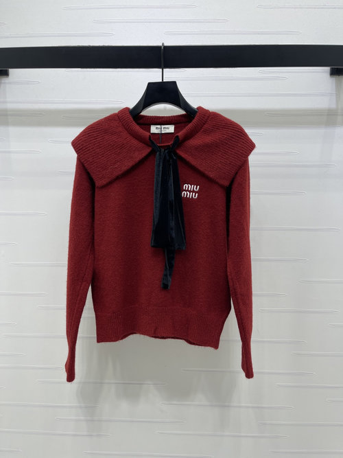 Miu Miu Large Lapel Velvet Ribbon Knit Long Sleeve Sweater