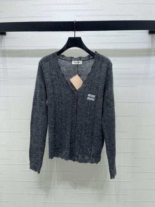 Miu Miu Imported Wool V-Neck Knit Cardigan with Embroidered Logo