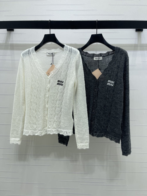 Miu Miu Imported Wool V-Neck Cardigan with Embroidered Logo