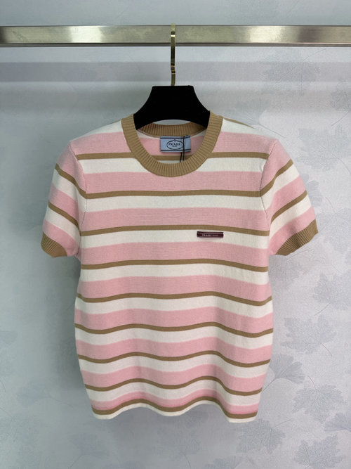 Prada Striped Knit Short Sleeve with Brand Patch, Soft & Elastic