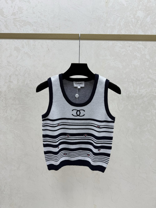 Chanel Solid-Color Striped Knit Vest