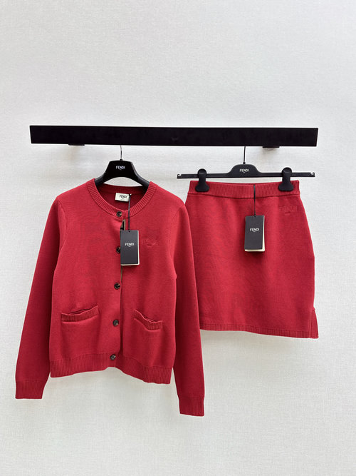 Fendi Red Knitted Cardigan and Skirt Set with Embroidery