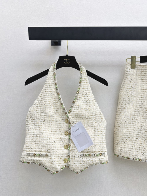 Chanel Runway-Style Gold Tweed Studded Strappy Bodysuit