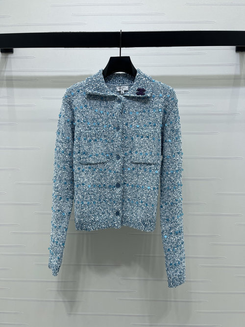 Chanel Sequin Collared Long Sleeve Cardigan with Double C Mark