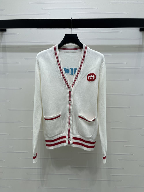 Gucci V-neck Knit Long Sleeve Cardigan with Stripes and Embroidery