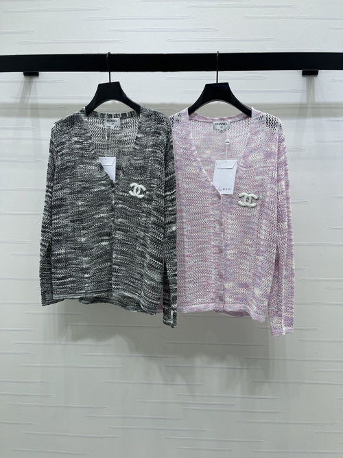 Chanel Gradient Hollow V-Neck Knit Cardigan with Double C Embroidered