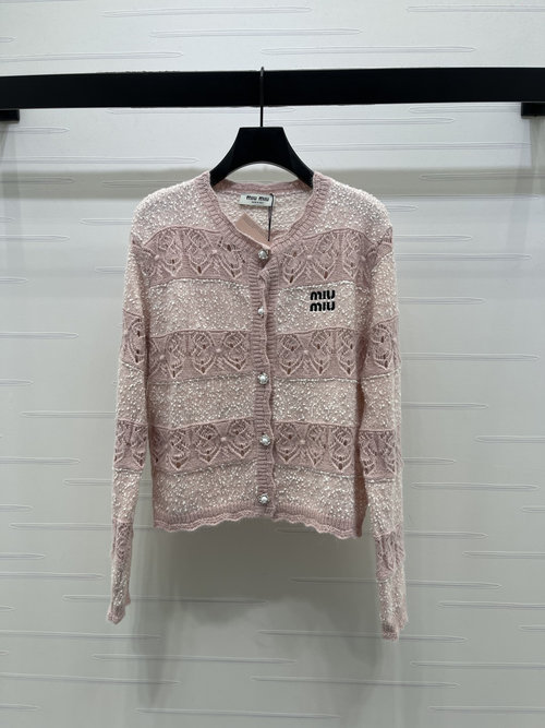 Miu Miu Hollow Round Neck Knit Cardigan with Logo and Pearl Buttons