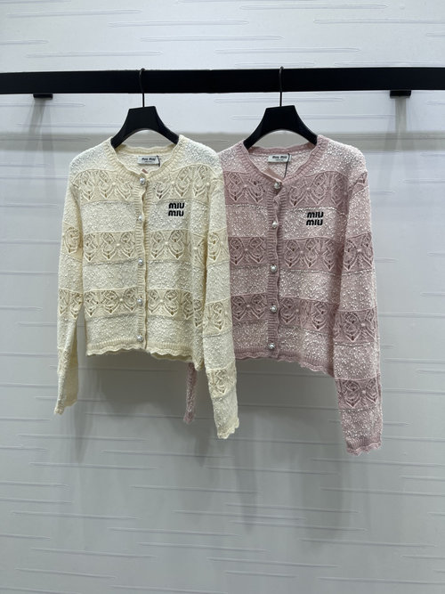 Miu Miu Hollow Round Neck Knit Cardigan with Logo and Pearl Buttons