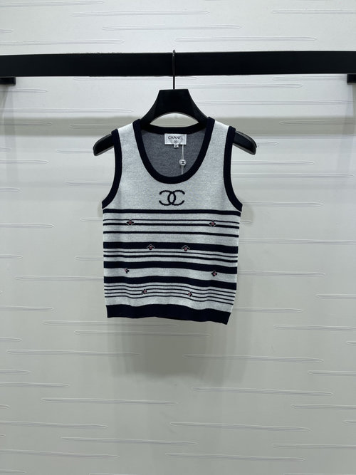 Chanel High - quality Round - neck Striped Knit Vest with Double C Logo