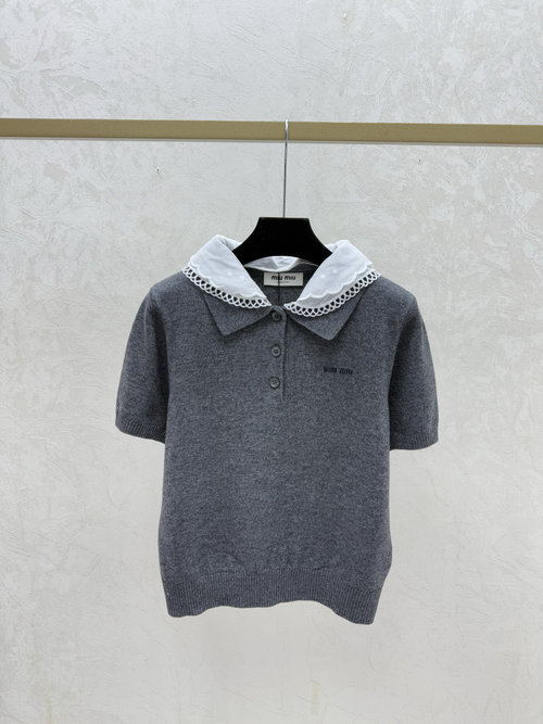Miu Miu Spring Contrast Lapel Knit Short Sleeve
