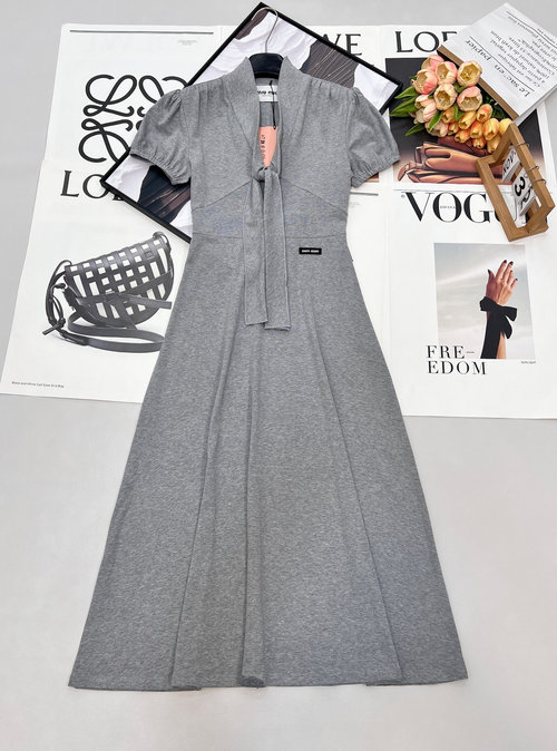 Miu Miu Sophisticated Gray Dress with Bow Detail and High-quality Blended Material