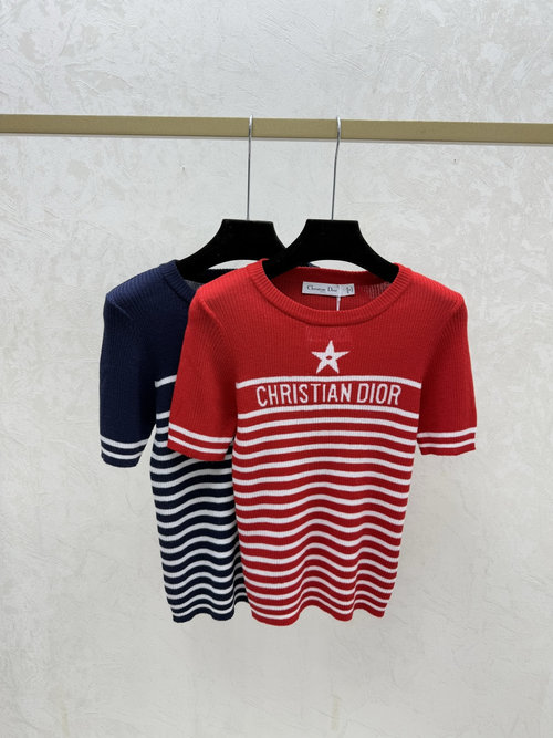 Dior Contrast Star - Letter Stripe Round Neck Knit Short Sleeve in Red & Royal Blue