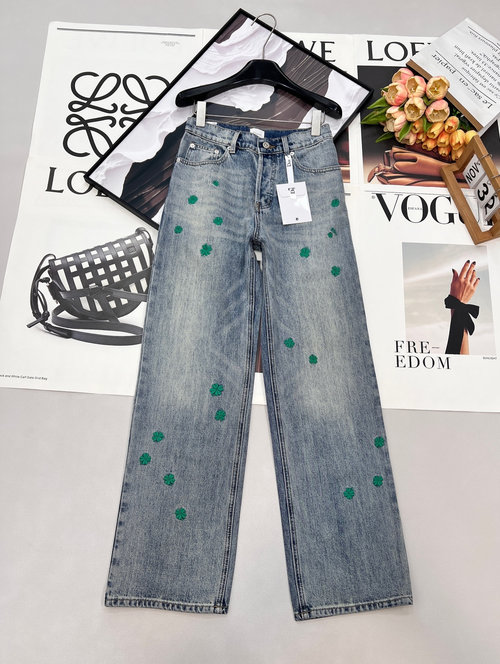 Dior Stylish Four-leaf Clover Straight-leg Jeans with Premium Cotton Craftsmanship