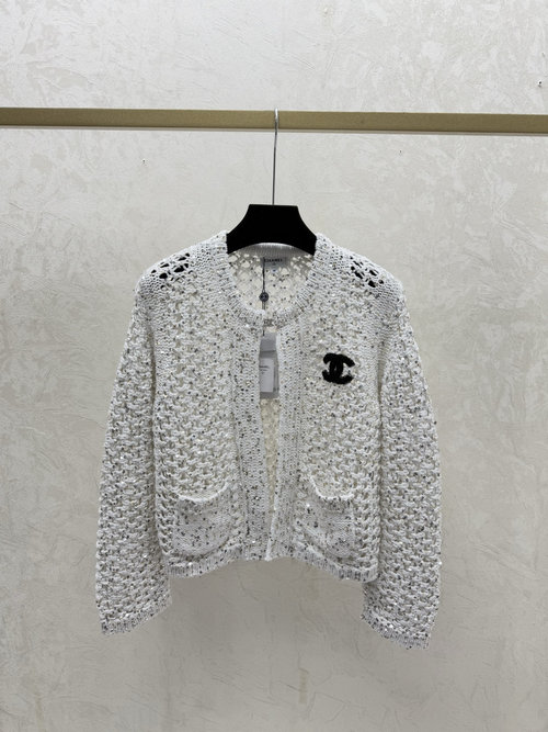 Chanel Solid White Hollowed Beaded Round-Neck Knitted Cardigan