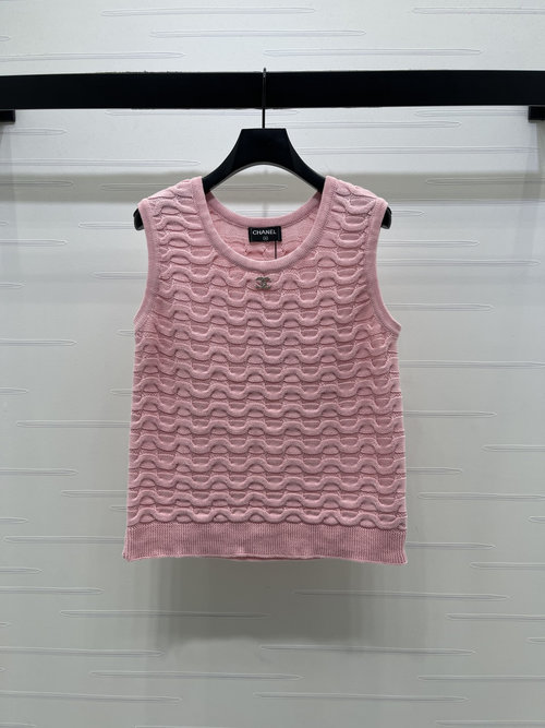 Chanel Round Neck Knit Vest with Diamond-Embedded Double C Logo