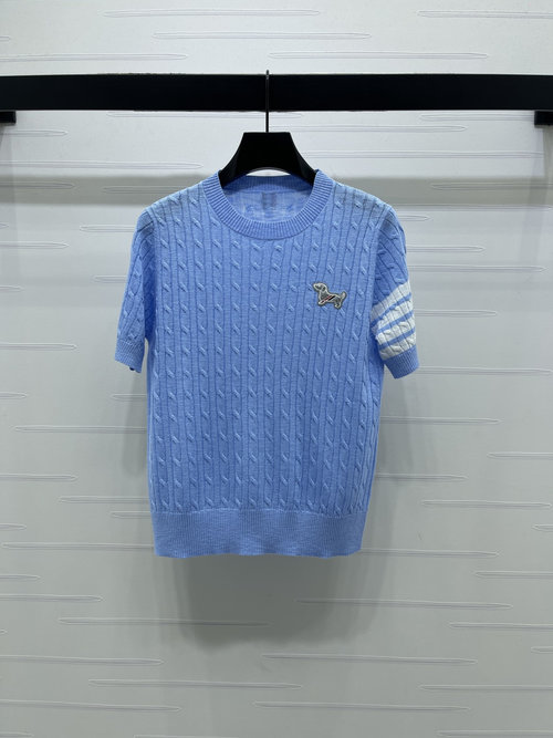 Thom Browne Round Neck Knit Short Sleeve with Dog Embroidery and Color Bar