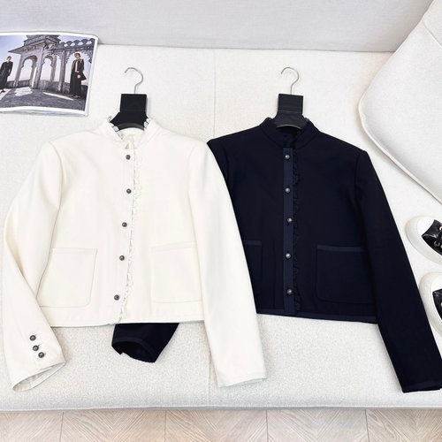 Dior Lace-Trimmed Stand Collar Short Jacket with CD Buckle