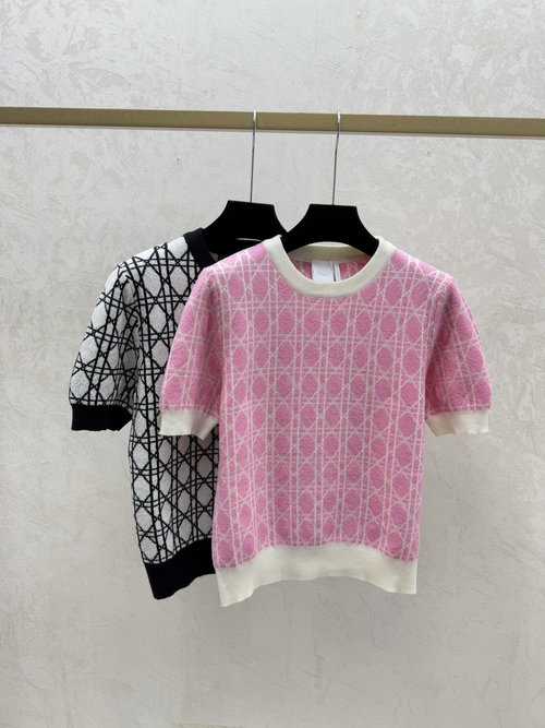 Dior Contrasting Pink and Black Diamond Round Neck Knit Short Sleeve