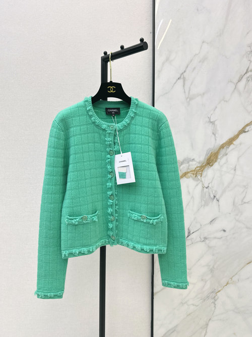 Chanel Knitted Cardigan with Tassel and Sophisticated Grid Design